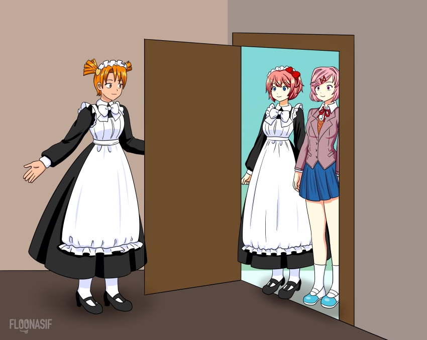 alisa_(everlasting_summer) doki_doki_literature_club empty_eyes everlasting_summer femsub floonasif happy_trance maid maid_headdress natsuki_(doki_doki_literature_club) orange_hair pink_hair sayori_(doki_doki_literature_club) school_uniform