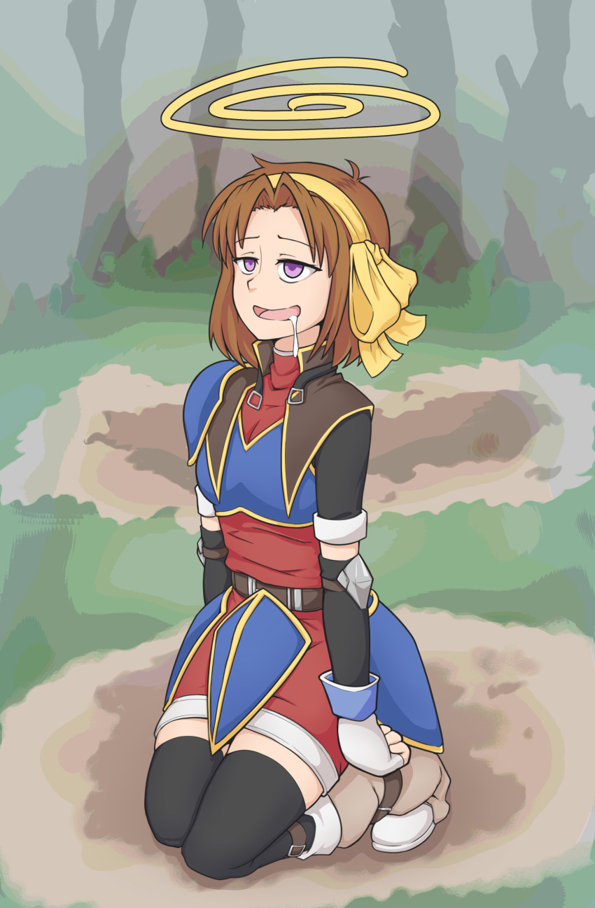 anelace_elfead brown_hair clothed drool femsub gameplay_mechanics hypnovember kneeling open_mouth purple_eyes short_hair smile the_legend_of_heroes the_legend_of_heroes_trails_in_the_sky thekinkyfinn