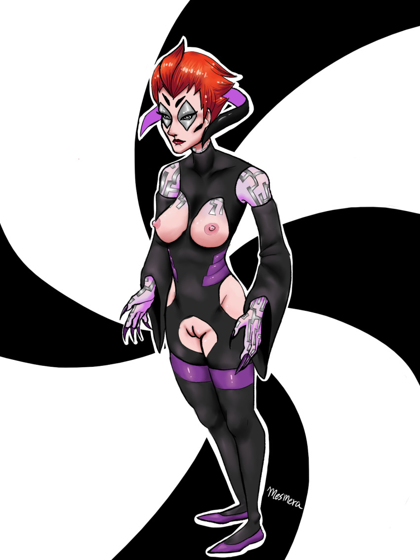 bare_shoulders bodysuit breasts claws crotch_cutout femsub hypnotic_accessory large_breasts mask mesmera microchip moira_o'deorain nipples open_clothes orange_hair overwatch pussy robotization short_hair slippers spiral_eyes symbol_in_eyes thighhighs