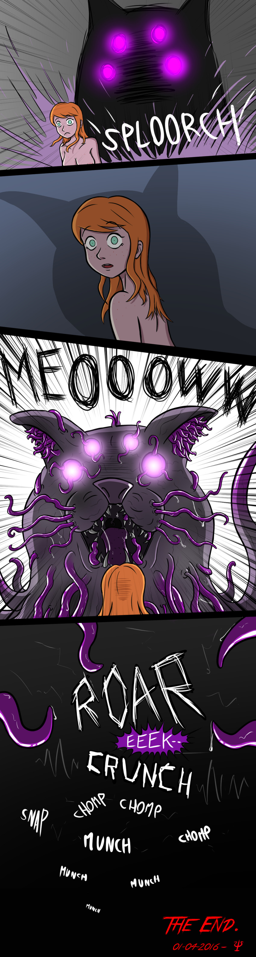 absurdres animal_ears betty_(psi) comic corruption death empty_eyes femsub imminent_vore long_hair nightmare_fuel open_mouth orange_hair original psi tentacles text topless vore