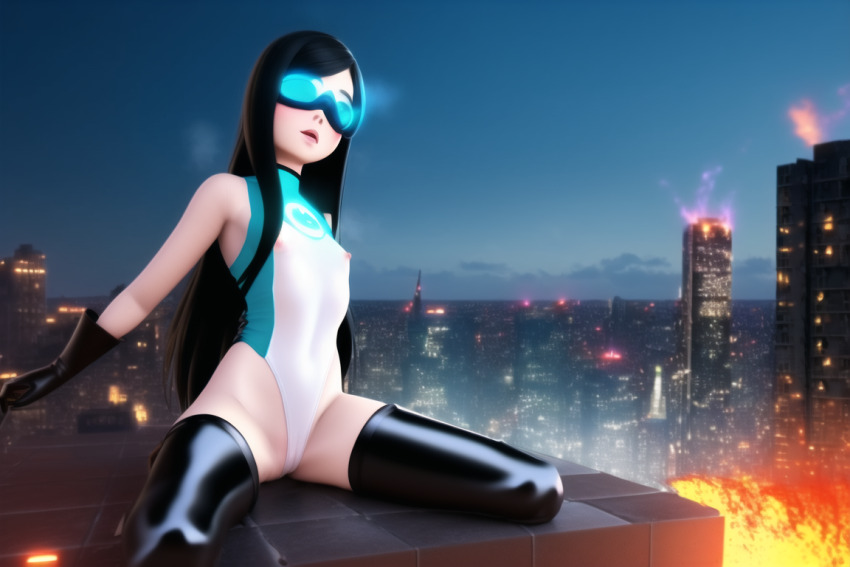 ai_art black_hair boots dazed disney erect_nipples erect_nipples_under_clothes femsub gloves glowing goggles hypnotic_accessory leotard long_hair mask novelai_(ai) open_mouth sitting small_breasts solo spread_legs super_hero tech_control the_incredibles thigh_boots thighhighs violet_parr western