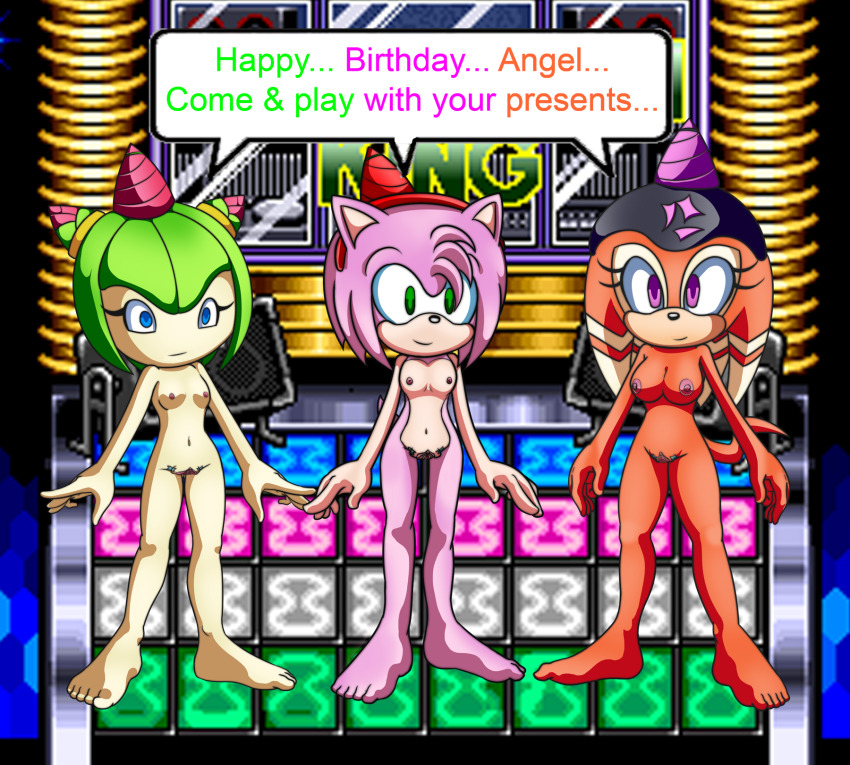amy_rose blue_eyes bottomless breasts corescorner cosmo_the_seedrian echidna_girl empty_eyes femsub furry green_eyes green_hair happy_trance hedgehog_girl hypnotic_accessory monster_girl multiple_girls multiple_subs nude orange_hair pink_hair plant_girl purple_eyes pussy shade_the_echidna short_hair sonic_the_hedgehog_(series) spread_pussy standing standing_at_attention text topless