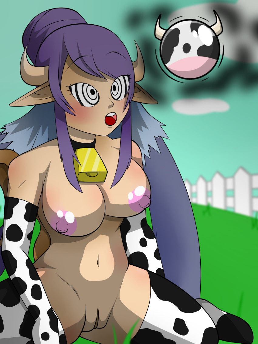 absurdres bottomless breasts cow_girl disguised_hypnotist hypnotic_orb judith_(tales) kneeling nude open_mouth purple_hair ring_eyes tagme tales_of_(series) tales_of_vesperia topless