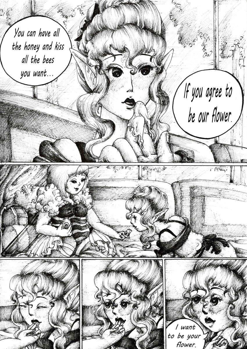 absurdres bee_girl blush breasts bug_girl comic dazed elf elf_ears female_only honey justsketchingviolets large_breasts open_mouth original short_hair smile text traditional