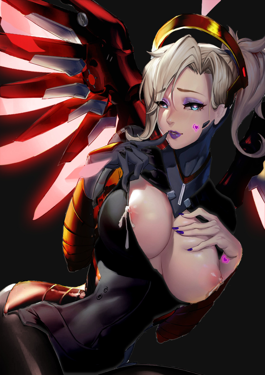 blonde_hair breasts corruption happy_trance lactation manip mercy overwatch symbol_in_eyes torn_clothes wings
