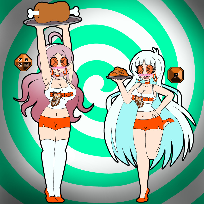 absurdres blush breasts choker cleavage crop_top earrings female_only femsub happy_trance hooters large_breasts long_hair looking_at_viewer midriff multiple_girls multiple_subs navel shorts spiral_background spiral_eyes spiralwash_eyes symbol_in_eyes thighhighs waitress white_hair zombietwink62