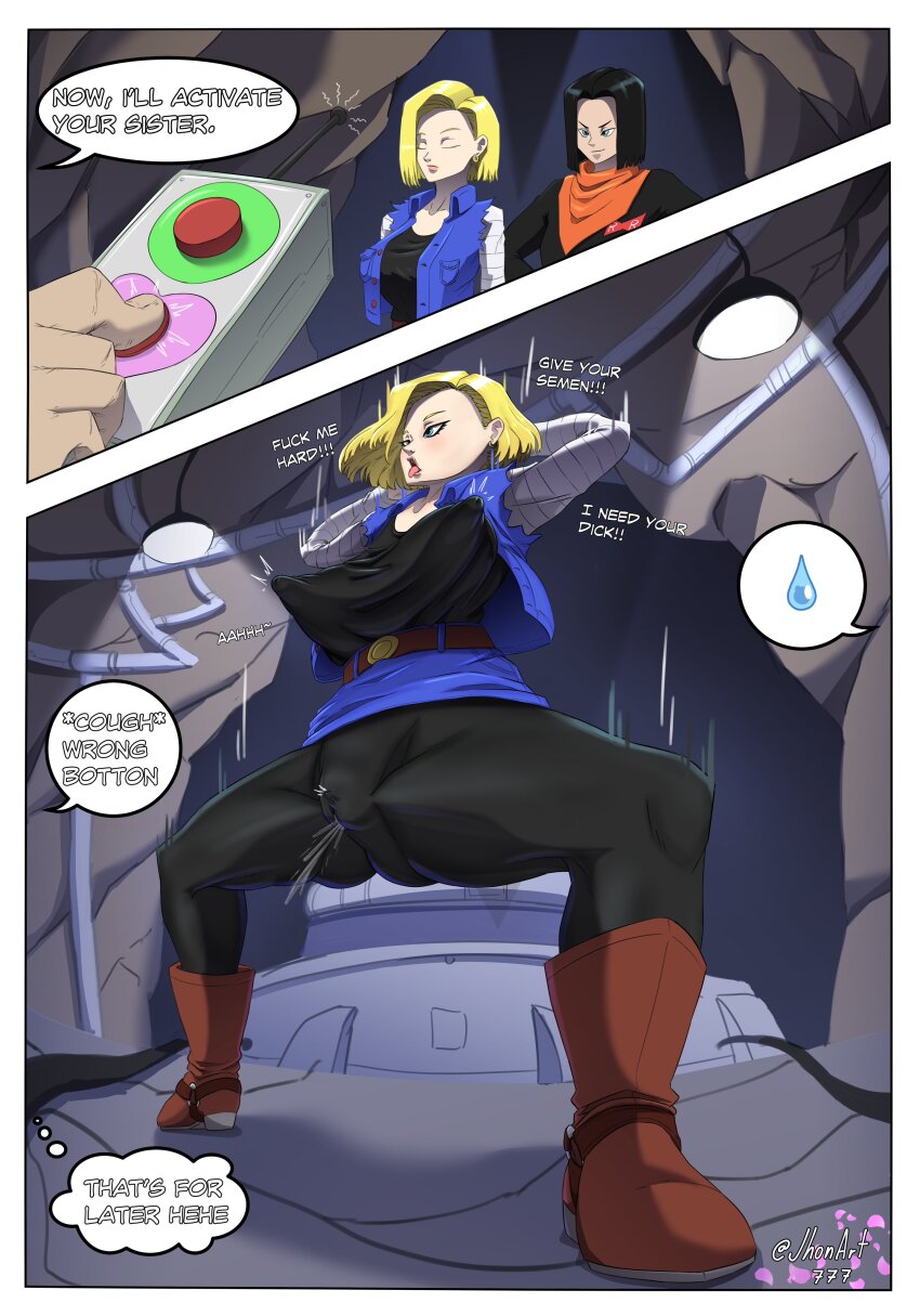 accidental_hypnosis android_17 android_18 arms_above_head awakening belt black_hair blonde_hair blue_eyes boots cameltoe closed_eyes clothed comic dragon_ball earrings english_text erect_nipples femsub humiliation jhonart777 remote_control short_hair speech_bubble spread_legs squatting squirting tech_control text tongue tongue_out watermark