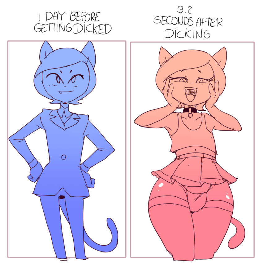 alternate_costume before_and_after bulge cartoon_network cat_boy collar crop_top curvy dbaru erect_nipples_under_clothes eyelashes fangs femboy feminization furry hand_on_hip kneehighs male_only malesub mind_break miniskirt navel ok_k.o.!_let's_be_heroes purrcival short_hair suit text thong wide_hips