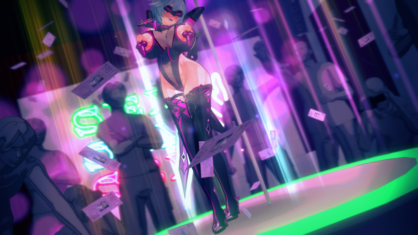 3d alternate_costume arms_above_head blue_hair blush boots breasts dancer dancing erect_nipples eula_lawrence femsub genshin_impact gloves huge_breasts koikatsu! leotard lipstick multiple_boys navel nipple_piercing nipples opera_gloves piercing pole_dancing purple_lipstick pussy_juice see-through short_hair smile standing sweat thick_thighs thigh_boots thighhighs trucorru visor