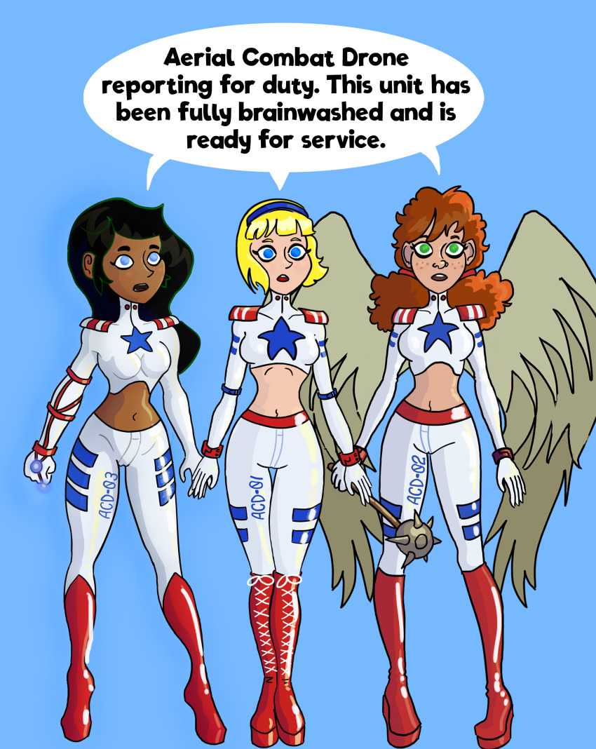 avabluecat black_hair blonde_hair blue_eyes breasts dark_skin dc_comics dialogue femsub freckles green_eyes hair_band hawkgirl jessica_cruz latex long_hair midriff multiple_girls multiple_subs open_mouth ring short_hair simple_background super_hero supergirl text twintails weapon wings