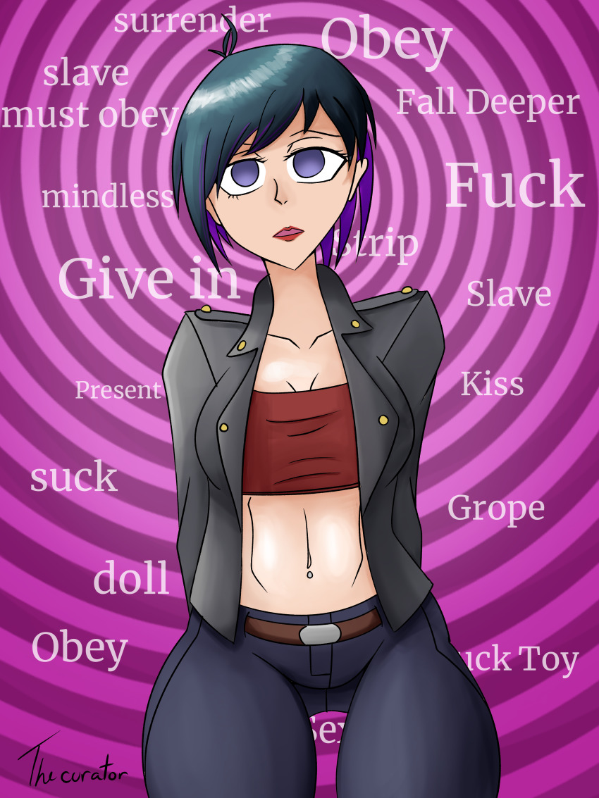 alex_(zko) black_hair blue_eyes empty_eyes light_skin mantra open_clothes open_mouth original purple_hair spiral_background the_curator the_us_doctor thick_thighs thigh_gap