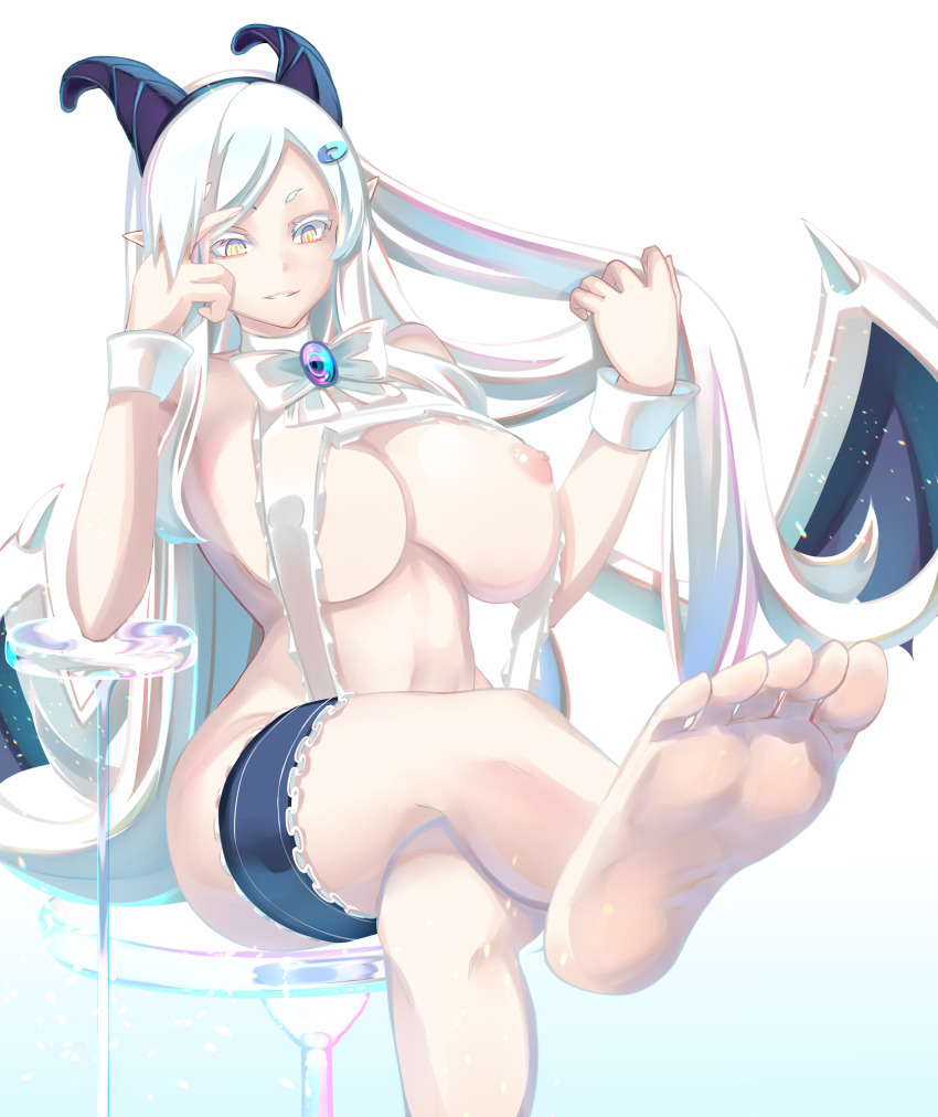 arm_warmers barefoot bat_wings bottomless breasts cleavage crossed_legs demon_girl elf_ears feet female_only femdom foot_focus horns huge_breasts hypnotic_feet jewelry large_breasts long_hair midriff monster_girl multicolored_eyes navel nipples one_breast_out original pov pov_sub seductive_smile shiki_(psychedelic_g2) shiny_hair shiny_skin slit_pupils smile solo succubus thighs very_long_hair white_background white_hair wings