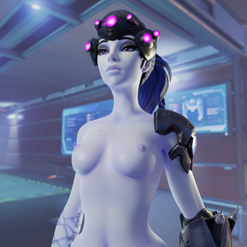3d absurdres blue_hair blue_skin breasts expressionless female_only femsub hypnotic_accessory microchip nipples nude overwatch spllcstr standing tech_control widowmaker
