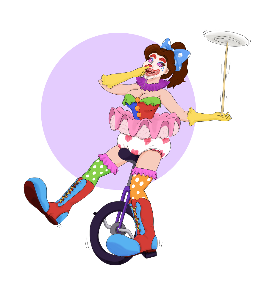 absurdres beauty_and_the_beast belle brown_hair clown clown_girl clownification diaper disney drool femsub kaa_eyes open_mouth pink_eyes pink_lipstick ponytail shydaddy simple_background solo white_background