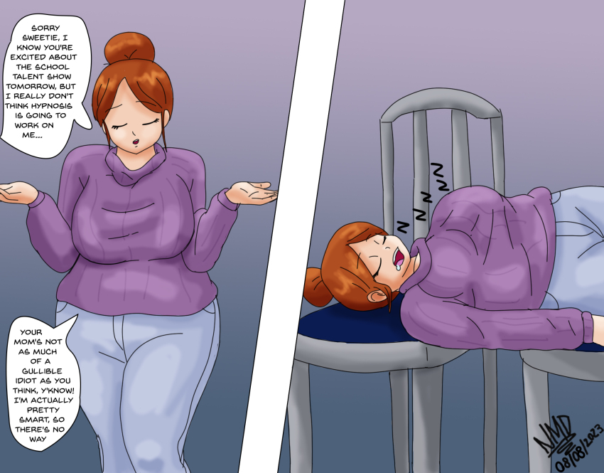 absurdres breasts catalepsy chair dialogue female_only femsub hair_buns huge_breasts instant_loss jeans large_breasts milf mommy nominddetected original pov pov_dom single_hair_bun sleeping snoring speech_bubble svetta_(svettak92) sweater text watermark
