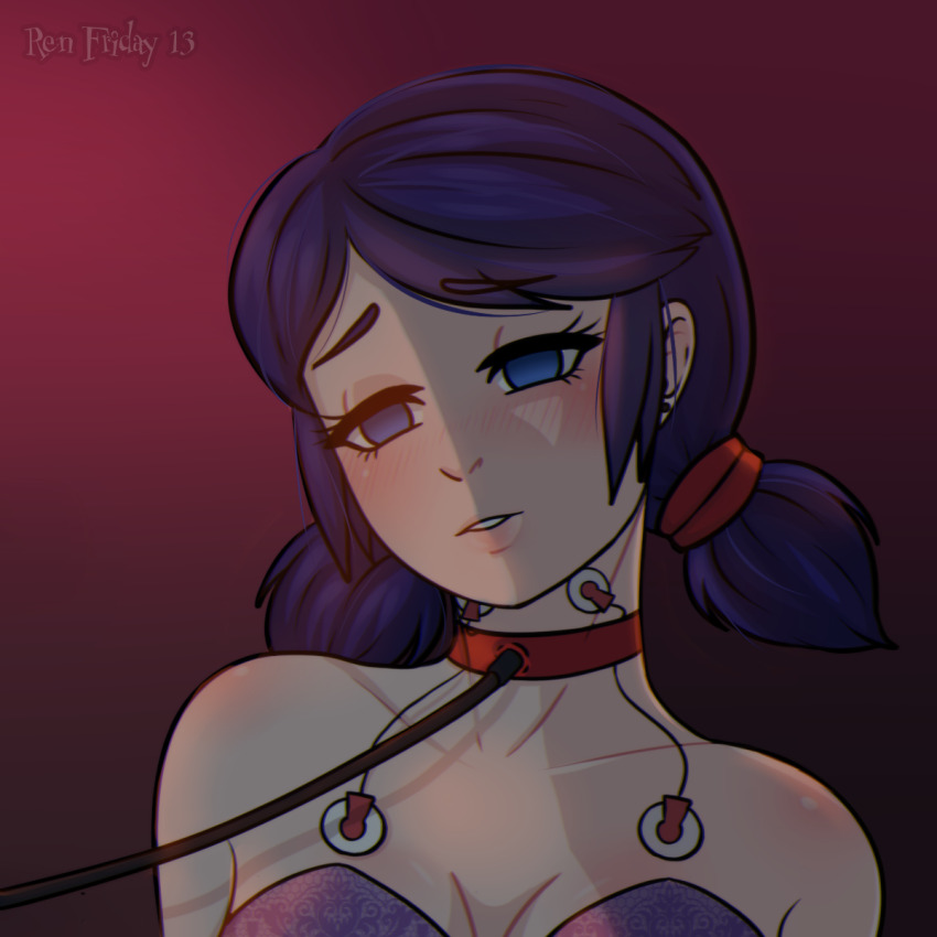 blue_eyes blue_hair collar empty_eyes expressionless femsub leash lingerie marinette_dupain-cheng miraculous_ladybug open_mouth ren_friday_13 signature solo tech_control twintails wires