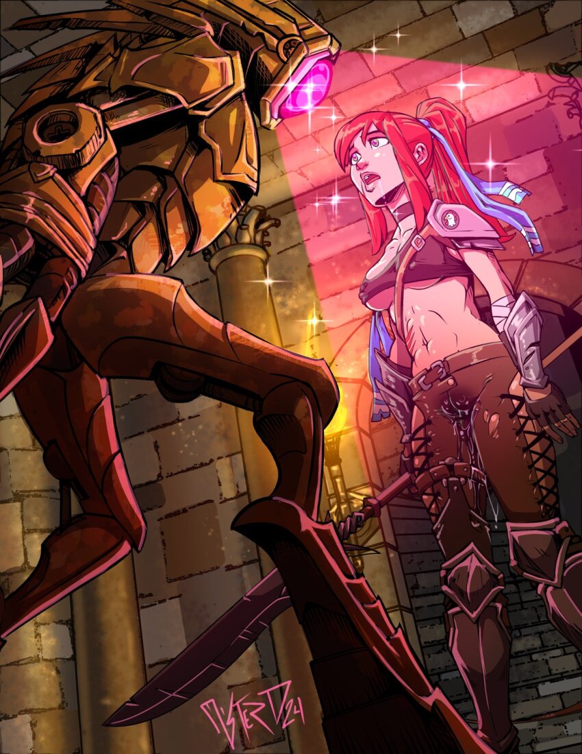 breasts cameltoe choker crop_top drool erect_nipples erect_nipples_under_clothes expressionless femsub gloves hypnotic_light long_hair midriff mister_d navel nipples open_mouth original pants ponytail pussy_juice red_hair robot sparkle spear standing tech_control underboob weapon
