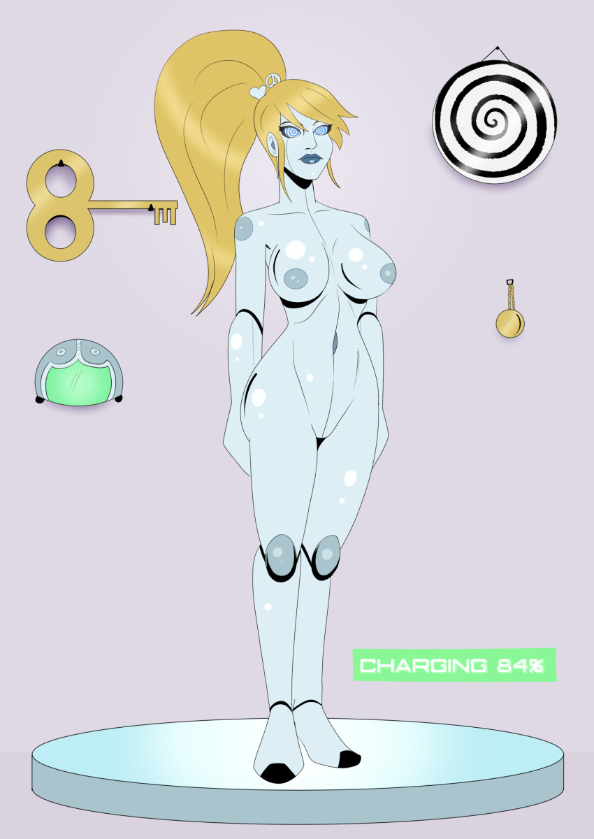 blonde_hair bottomless breasts crimson_(stepfordcrimson) expressionless female_only femsub large_breasts long_hair nude original pocket_watch polmanning robot robotization spiral_eyes symbol_in_eyes text topless wind-up_key