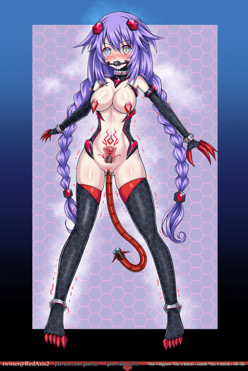 alternate_costume ball_gag bare_shoulders blue_background blue_eyes blush boots bottomless breasts censored cervix_penetration claws collar crotch_tattoo cuffs cyber drool female_only femsub gag gloves gradient_background hair_ornament hyperdimension_neptunia large_breasts multicolored_eyes navel navel_piercing neptune_(hyperdimension_neptunia) neuroization nipple_piercing nipples opera_gloves piercing purple_hair purple_heart pussy signature solo standing tattoo tears tech_control thighhighs tight_clothing trembling twin_braids x-ray