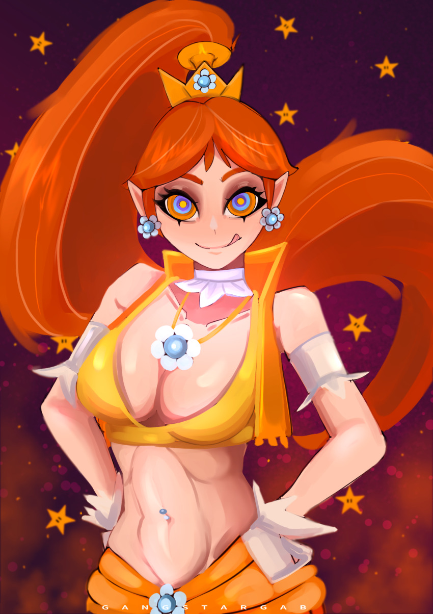 alternate_costume alternate_hairstyle arm_bands breasts cleavage crown earrings elf_ears femsub gangstargab genie gloves gradient_background happy_trance harem_outfit kaa_eyes large_breasts long_hair looking_at_viewer midriff navel_piercing necklace nintendo ponytail princess princess_daisy red_hair smile super_mario_bros. tongue_out