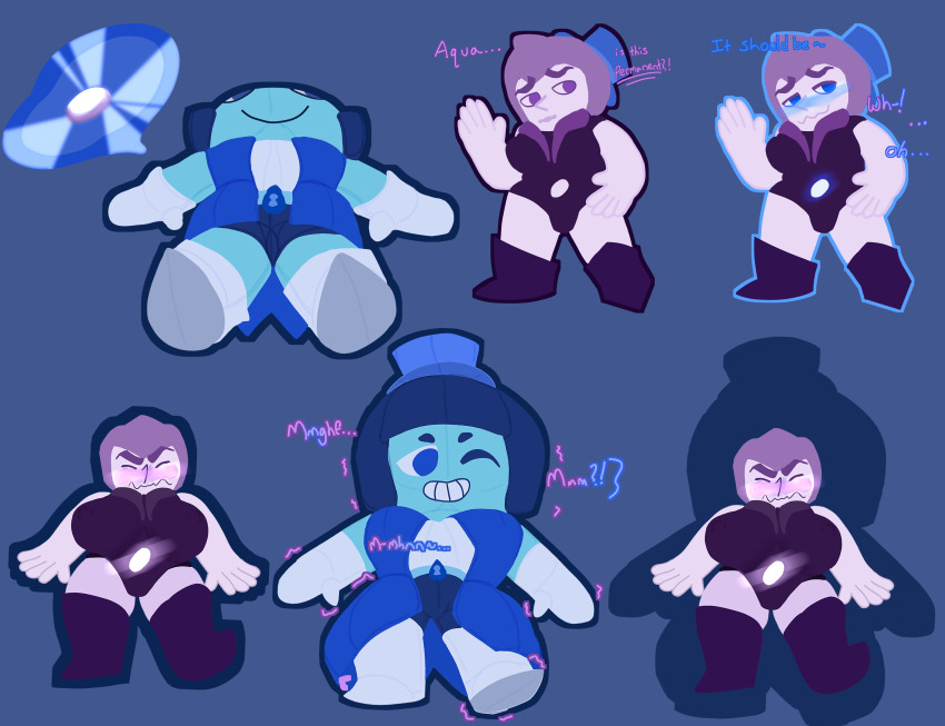 androgynous_dom androgynous_sub aquamarine_(steven_universe) blue_hair blue_skin hypnoposting hypnotic_accessory magic original purple_hair shortstack shrinking steven_universe suit transformation white_skin