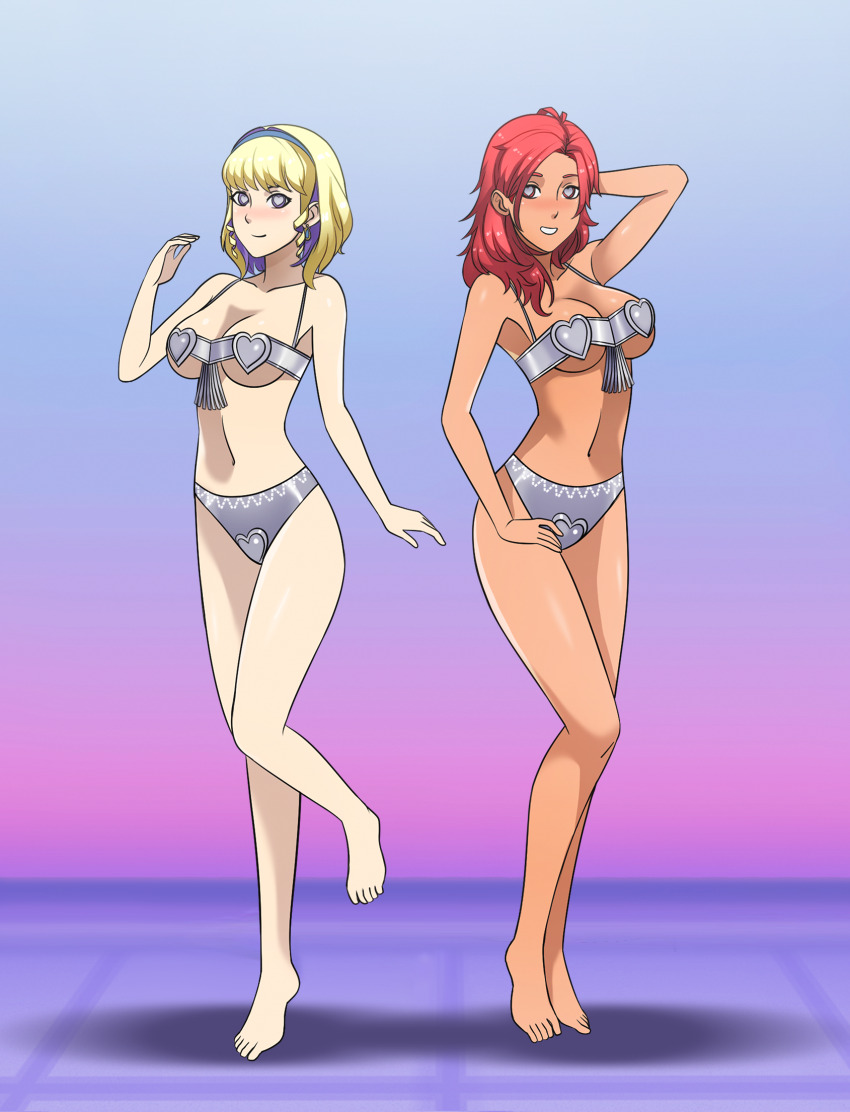 barefoot blonde_hair blush cleavage constance_von_nuvelle dancing empty_eyes female_only femsub fire_emblem fire_emblem_three_houses hairband hapi happy_trance harem_outfit heart_eyes large_breasts looking_at_viewer micro_bikini multiple_girls multiple_subs navel nintendo purple_eyes red_hair shinzu short_hair smile symbol_in_eyes veil