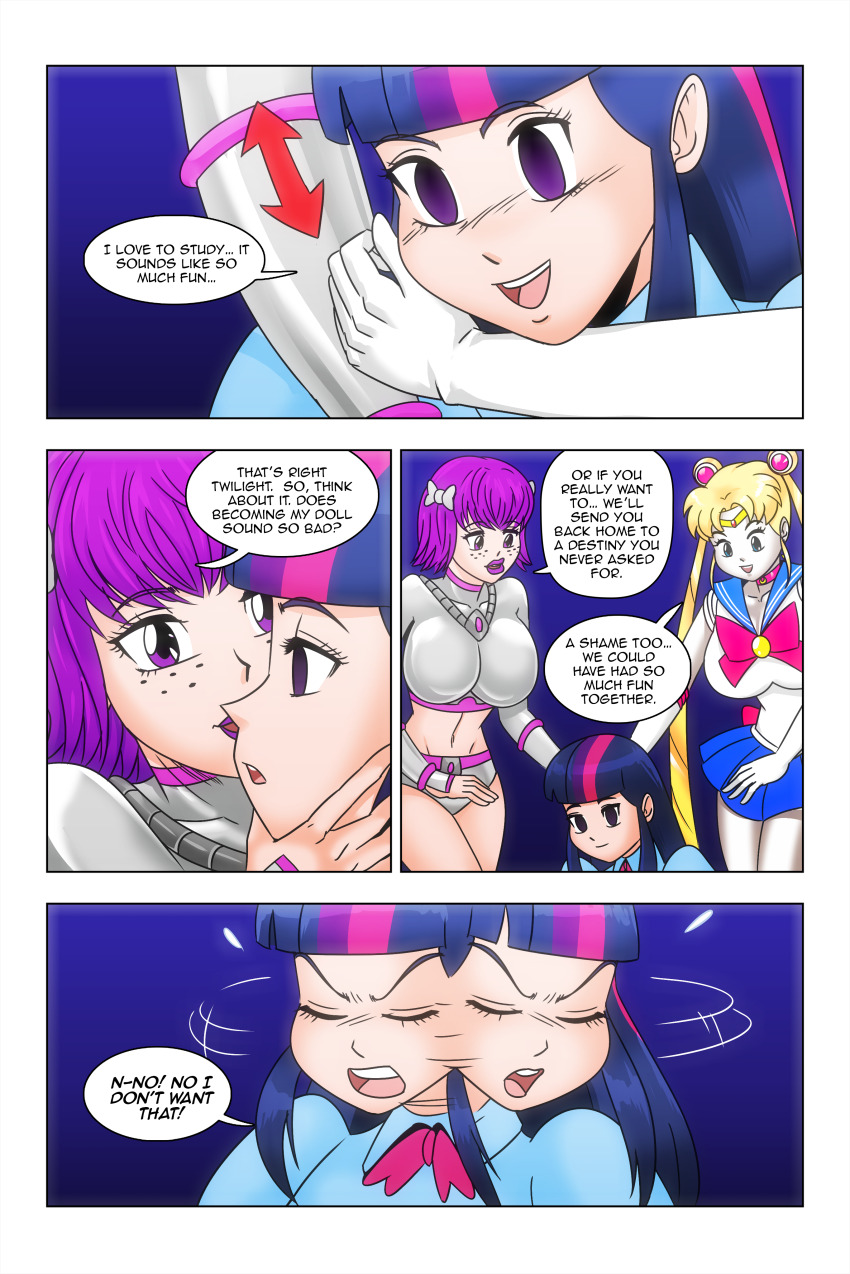 blonde_hair blue_eyes bow choker cleavage comic crossover dialogue earrings empty_eyes equestria_girls freckles hair_buns kimberly_smith_(daveyboysmith9) large_breasts midriff multicolored_hair my_little_pony opera_gloves original purple_eyes purple_hair purple_lipstick sailor_moon sailor_moon_(series) short_hair short_skirt smile story text twilight_sparkle twintails wadevezecha