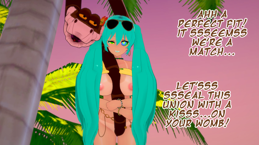 3d beach blue_hair brazilian_miku coils crop_top dialogue disney english_text femsub hypnotic_eyes kaa kaa_eyes koikatsu! maledom miku_hatsune sex snake sunglasses tan_skin text thatguysly the_jungle_book twintails vaginal vocaloid