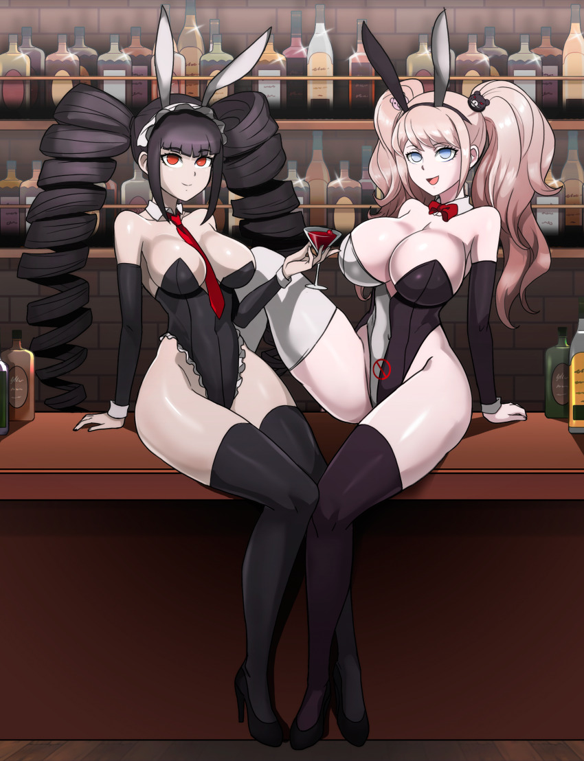absurdres black_hair bow_tie breasts bunny_ears bunnysuit celestia_ludenberg cleavage dangan_ronpa drill_hair empty_eyes fake_animal_ears female_only femsub happy_trance high_heels junko_enoshima large_breasts long_hair looking_at_viewer open_mouth red_eyes shinzu sitting smile thighhighs tie twintails