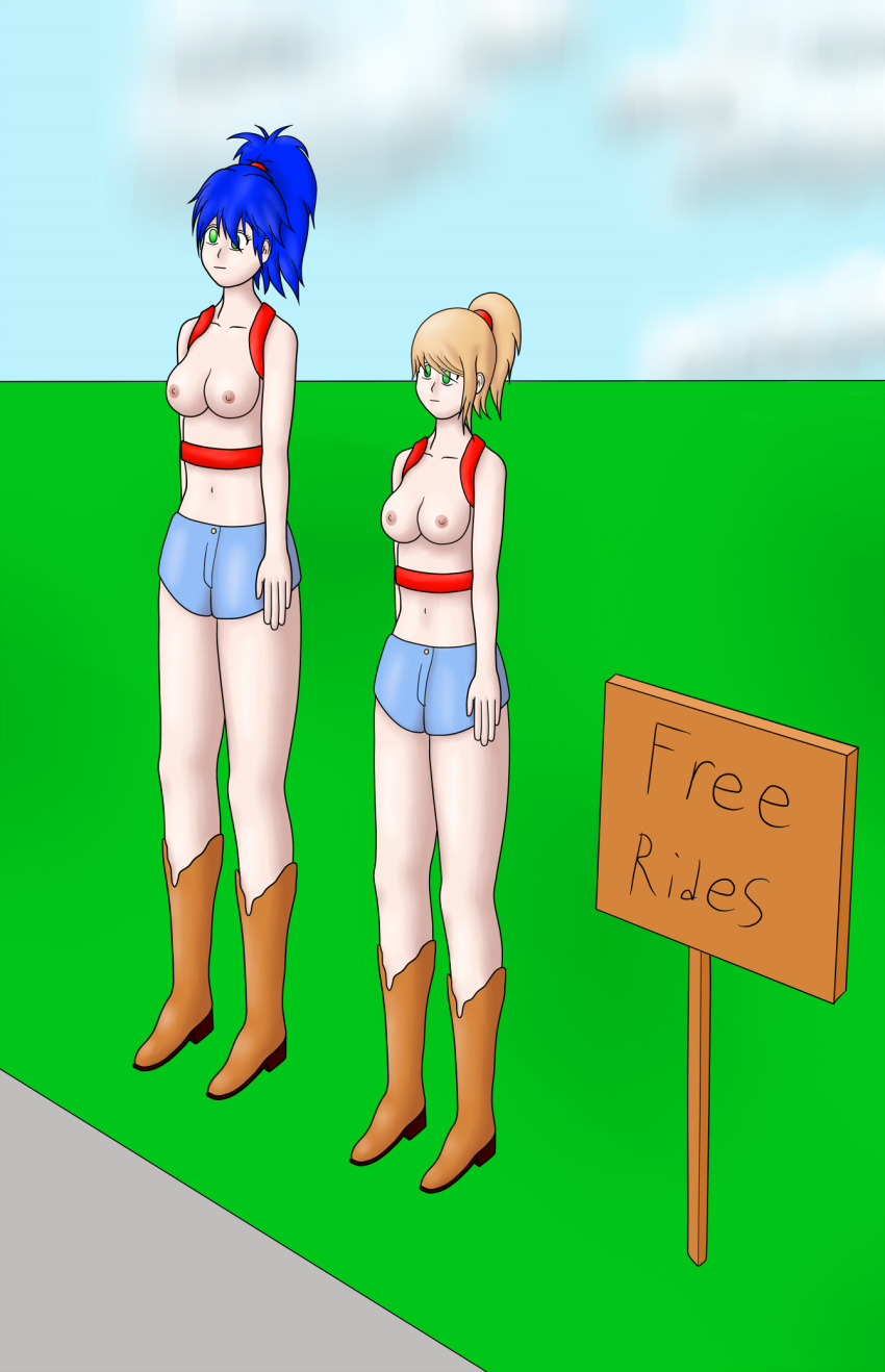 blonde_hair blue_hair boots breasts changer empty_eyes female_only femsub green_eyes multiple_girls ponytail shorts topless