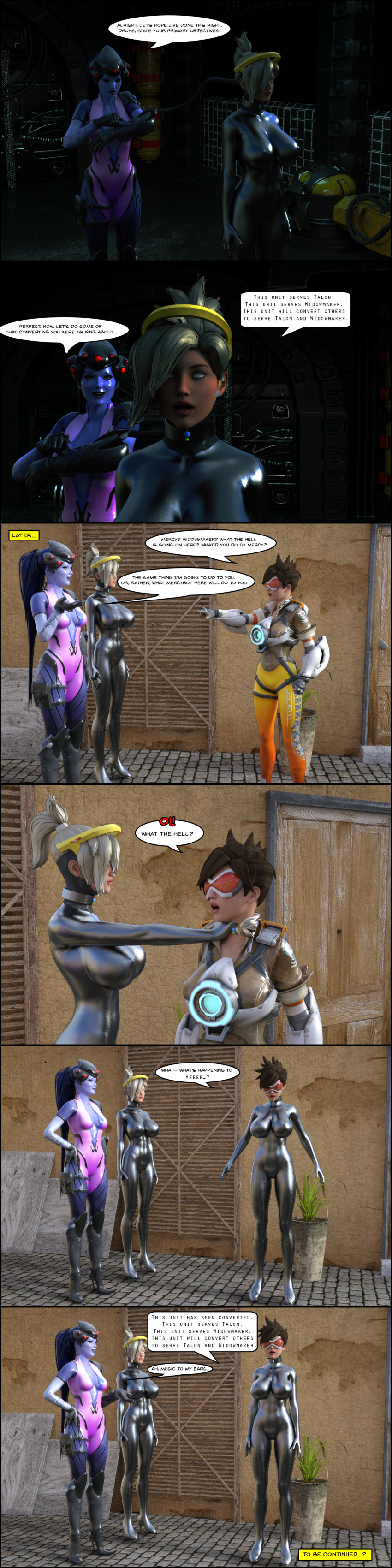 3d absurdres breast_expansion collar comic dialogue female_only femdom femsub graybot high_heels huge_breasts latex mercy overwatch robot robotization standing standing_at_attention text theheckle tracer whitewash_eyes widowmaker