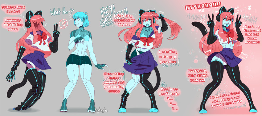 ahegao androgynous aware blue_hair body_control double_v fake_tail hacking headphones heart_eyes living_costume opera_gloves robot_girl skirt symbol_in_eyes tagme tech_control thighhighs tingtongten tongue tongue_out v