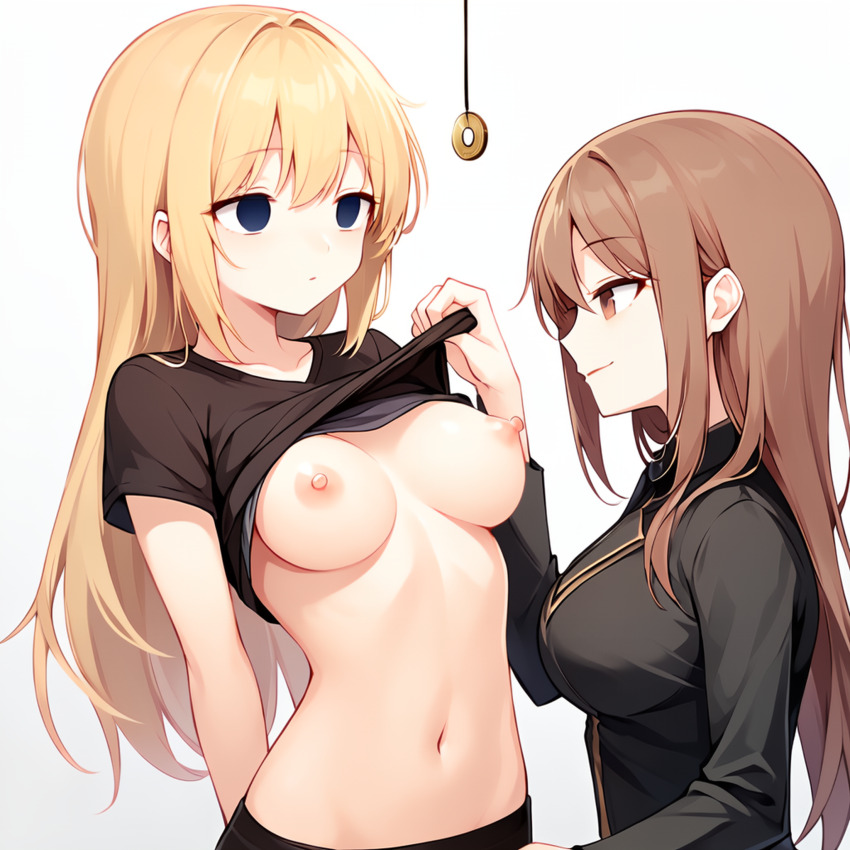 ai_art blonde_hair blue_eyes breasts breasts_outside brown_eyes brown_hair coin collarbone empty_eyes expressionless female_only femdom femsub long_hair multiple_girls navel nipples open_mouth original pendulum shirt_lift simple_background smile stable_diffusion_(ai) unaware undressing white_background yuri