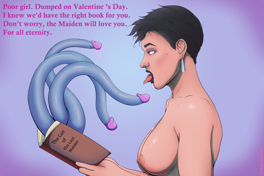 black_hair black_lipstick book bottomless breasts cum earrings eldritch empty_eyes femsub kobold-komitee nude penis_tentacle pink_eyes short_hair tentacles text tongue tongue_out topless valentine's_day