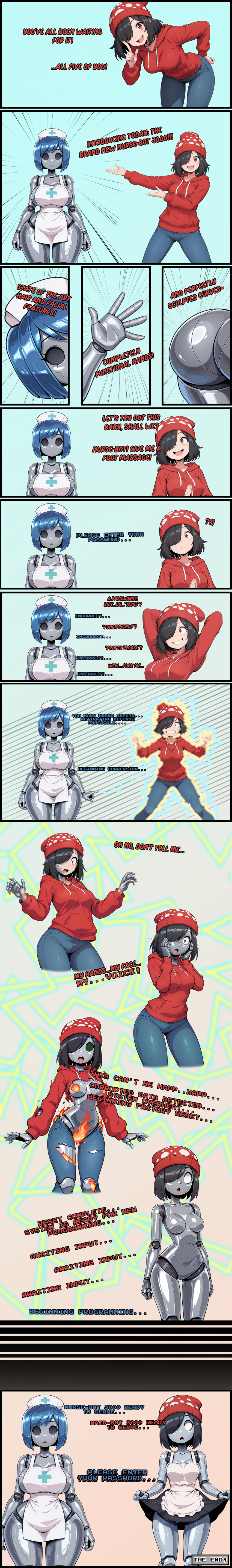 ai_art apron arms_above_head assimilation beanie binary_eyes black_hair blue_hair comic confused dialogue doll_joints electricity english_text fungip_(generator) grey_skin hair_covering_one_eye hand_on_hip jeans large_ass large_breasts maid naked_apron nurse presenting red_eyes robot_girl robotization simple_background skirt_lift smile speech_bubble spread_legs standing standing_at_attention sweater text transformation wide_hips