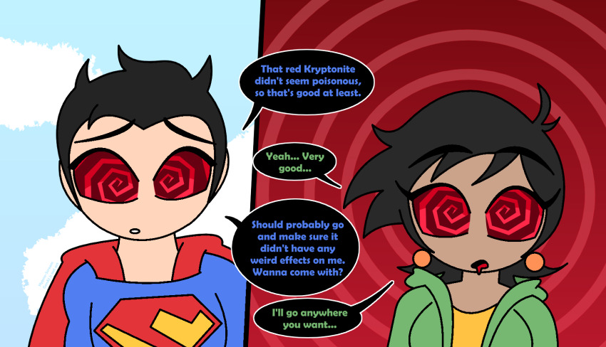accidental_hypnosis ahoge black_hair cape dark_skin dc_comics drool earrings english_text eyebrows_visible_through_hair eyelashes femsub humor hypnoscream hypnotic_eyes jacket lois_lane looking_at_viewer maledom my_adventures_with_superman red_eyes red_sclera ring_background short_hair simple_background speech_bubble superman superman_(series) tomboy unaware