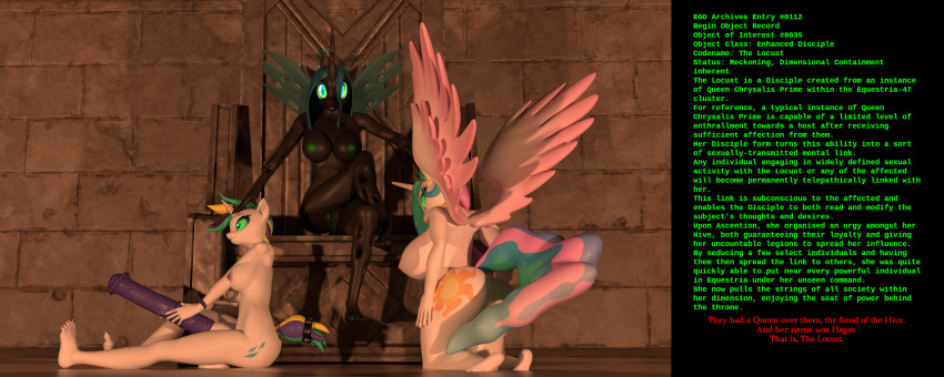 3d alternate_hair_color alternate_hairstyle caption femdom femsub flesh_(manipper) furry futasub green_eyes horse_penis huge_cock my_little_pony nude penis princess_celestia queen_chrysalis rarity shrunken_irises sitting tagme text