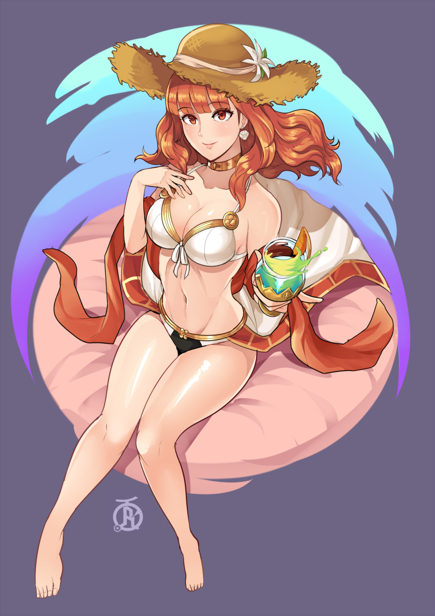 alternate_costume barefoot bikini breasts celica_(fire_emblem) choker color earrings female_only fire_emblem fire_emblem_echoes glowing_eyes jewelry large_breasts long_hair nail_polish nintendo orange_eyes orange_hair red_eyes red_hair revolverwing sitting swimsuit thighs