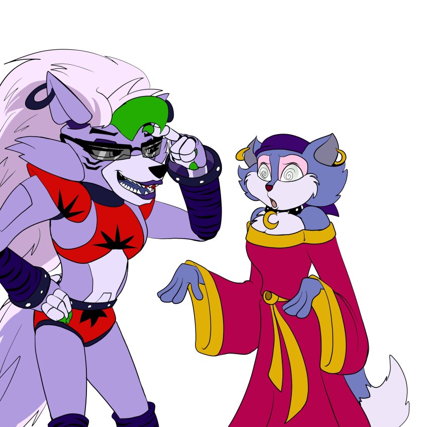 crossover female_only femdom femsub five_nights_at_freddy's five_nights_at_freddy's:_security_breach furry gizmo01 glasses hand_on_hip hypnotized_hypnotist ms._fortune_(toonstruck) open_mouth piercing purple_hair roxanne_wolf sharp_teeth simple_background spiral_eyes toonstruck western white_background