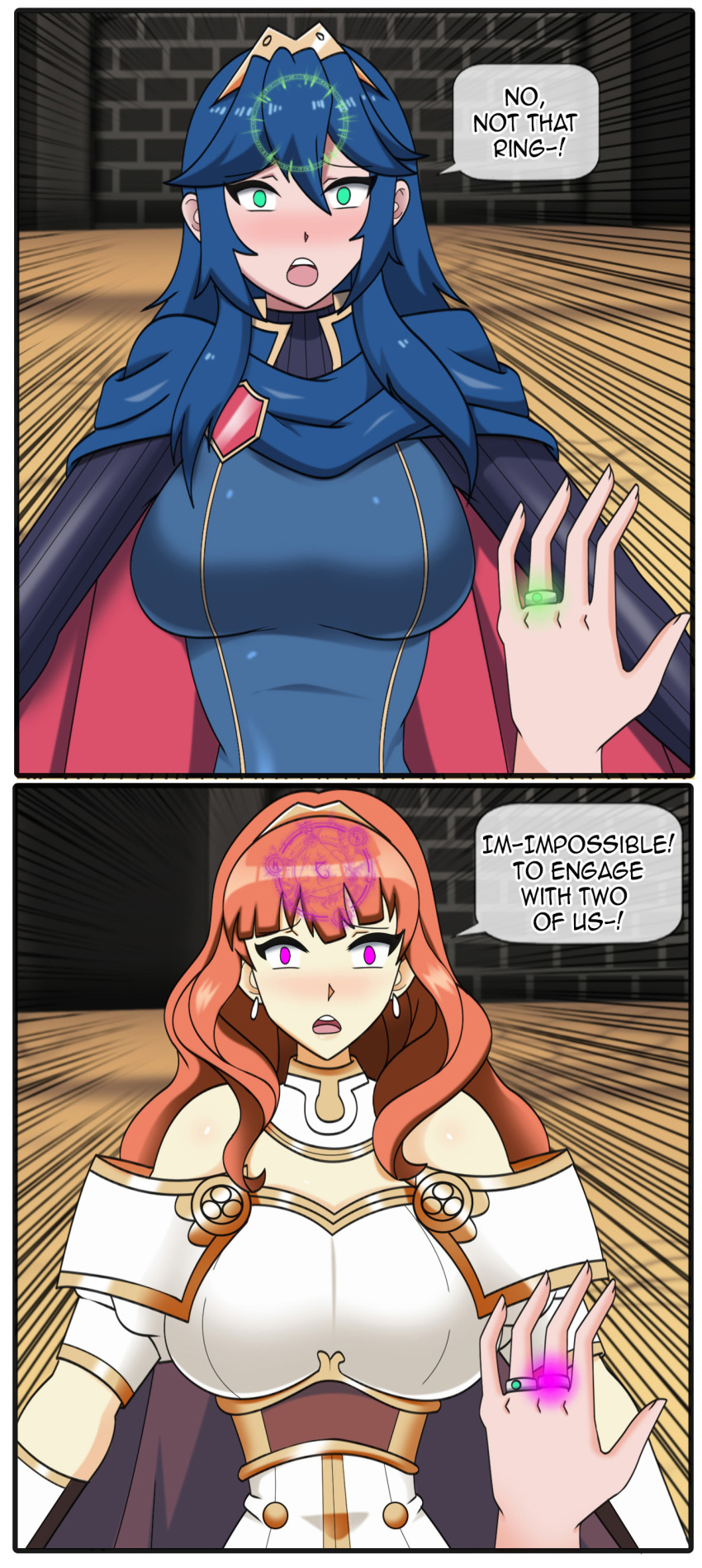absurdres bangs bare_shoulders blue_hair blush breasts cape celica_(fire_emblem) clothed comic control_indicator dialogue dlobo777 earrings empty_eyes femsub fire_emblem glowing green_eyes hourglass_figure jewelry large_breasts lucina magic multiple_girls multiple_subs nintendo open_mouth orange_hair pink_eyes pov pov_dom ring speech_bubble straight-cut_bangs surprised text