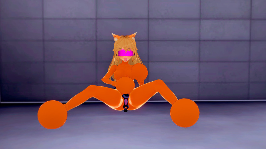 3d animal_ears bangs blonde_hair blush bodysuit braid cat_ears chastity dumiq_ erect_nipples erect_nipples_under_clothes female_only femsub koikatsu! large_breasts latex long_hair masturbation open_mouth rubber sitting solo spread_legs tech_control tongue tongue_out vaginal visor