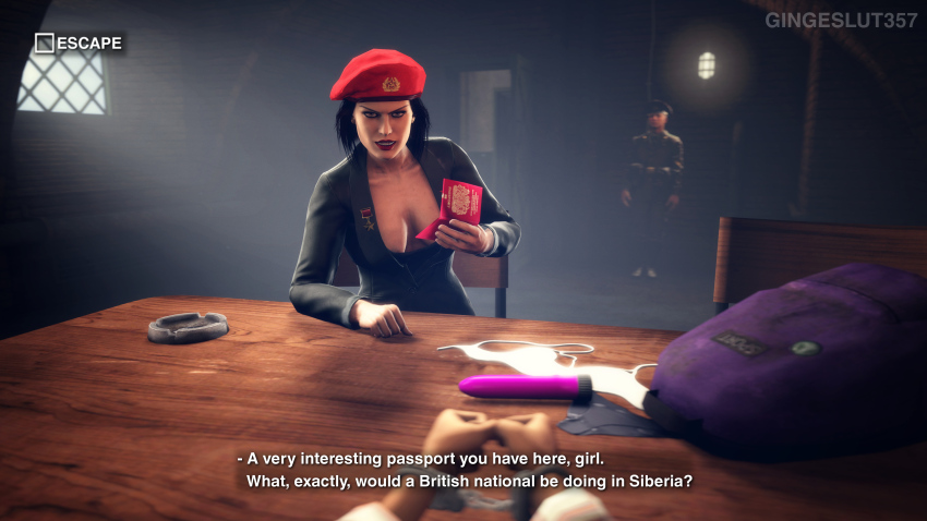 3d absurdres black_hair bondage breasts brown_hair cleavage clothed command_and_conquer dildo femdom femsub handcuffs hat large_breasts long_hair natasha_volkova open_mouth pov pov_sub sex_toy short_hair source_filmmaker subtitled tagme text vibrator xxxgingeslut357xxx