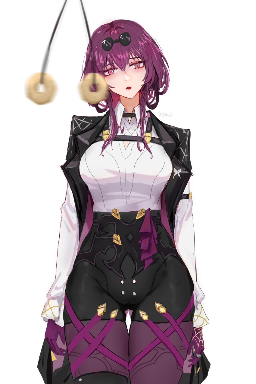 absurdres dazed drool empty_eyes expressionless eyeshadow female_only femsub heart_eyes honkai_star_rail kafka_(honkai_star_rail) open_mouth pendulum purple_eyes purple_hair simple_background solo standing standing_at_attention symbol_in_eyes thigh_gap white_background yayang