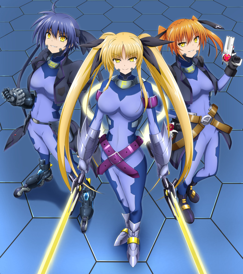 belt blonde_hair blue_hair bodysuit corruption evil_smile eyebrows_visible_through_hair fate_testarossa femsub gauntlets gun jacket long_hair looking_at_viewer magical_girl_lyrical_nanoha orange_hair oshimaru026 robotization short_hair subaru_nakajima sword symbol_in_eyes teana_lanster twintails yellow_eyes