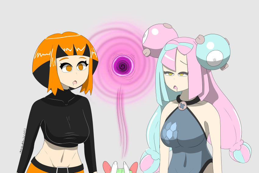 absurdres bangs bare_shoulders blue_hair bow breasts collarbone dazed drool expressionless eyelashes female_only femsub gardenia hypnotic_light hypnotic_orb iono_(pokemon) kirlia large_breasts leotard long_hair magnemite midriff multiple_girls multiple_subs nintendo open_mouth orange_eyes orange_hair pink_hair pokemon pokemon_(creature) pokemon_diamond_pearl_and_platinum pokemon_scarlet_and_violet short_hair sideboob simple_background sleepy sobergin spiral spiral_eyes tank_top tight_clothing twintails yellow_eyes