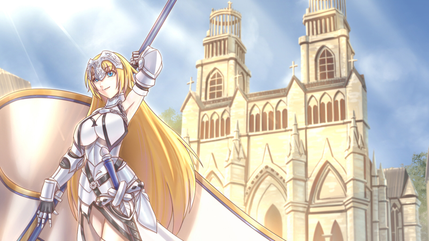 armor armpits before_and_after blonde_hair blue_eyes breasts clothed collar complex_background corruption dress fate/apocrypha fate/grand_order fate_(series) female_only femsub game_cg gauntlets glowing hair_ornament ibenz009 jeanne_d'arc_(fate) knight large_breasts smile solo sword very_long_hair weapon