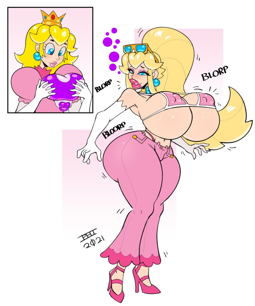 ass ass_expansion before_and_after bimbofication bimbophi blonde_hair bra breast_expansion breasts bridal_gauntlets crown earrings femsub high_heels jeans jewelry large_breasts large_lips long_hair mushroom nintendo princess princess_peach sunglasses super_mario_bros. text thong transformation underwear