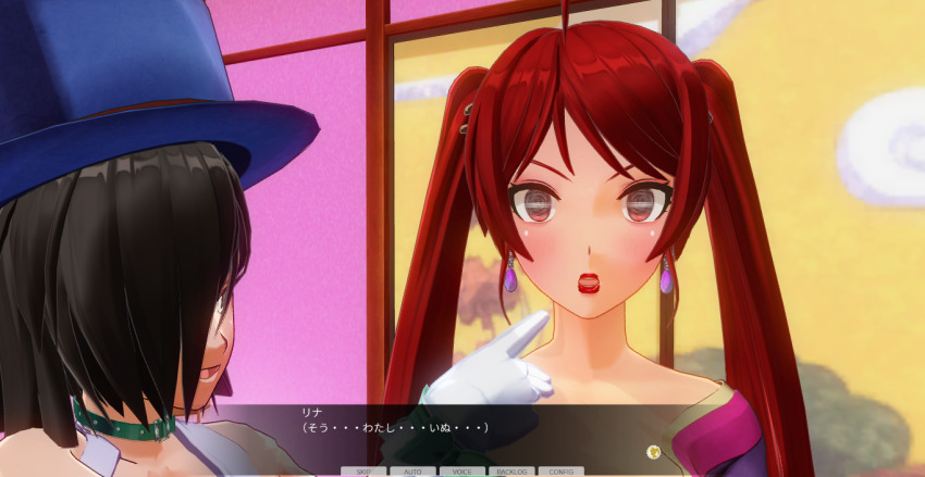 3d blush breasts dialogue expressionless female_only femdom femsub hat japanese_clothing kamen_writer_mc kimono large_breasts lipstick magician mc_trap_town multiple_girls open_mouth red_eyes red_hair red_lipstick rina_(mc_trap_town) screenshot spiral_eyes symbol_in_eyes text translated trigger twintails