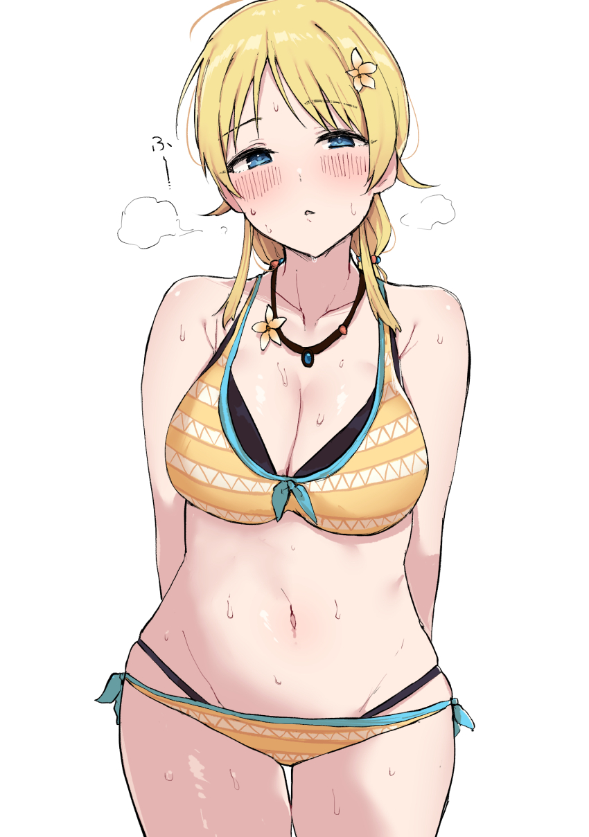 bikini blonde_hair blue_eyes breasts cleavage collarbone expressionless female_only femsub kobinbin large_breasts meguru_hachimiya necklace short_hair solo the_idolm@ster the_idolm@ster:_shiny_colors