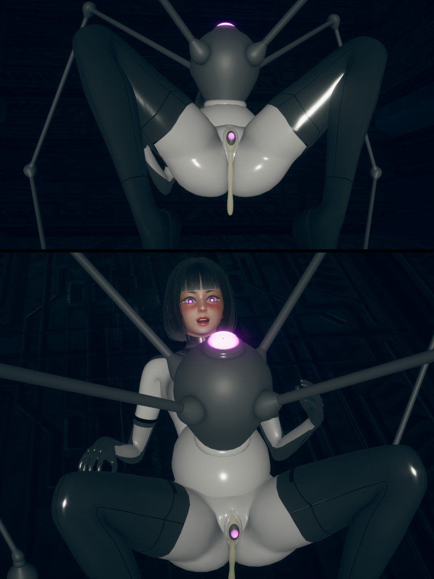 3d black_hair blush comic corruption cum cum_in_pussy dazed empty_eyes femsub gloves glowing_eyes high_heels honey_select_2 injection kneeling latex murochi-san on_back opera_gloves parasite pink_eyes pregnant rubber short_hair small_breasts soldier_no.2_(murochi-san) tears thigh_boots thighhighs tight_clothing vibrator